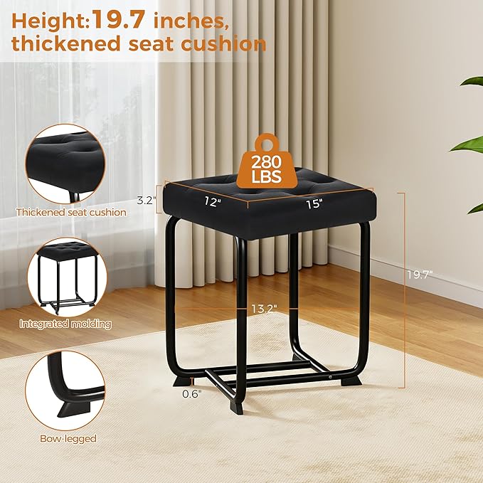 BEWISHOME Black Vanity Stool, Leather Vanity Stool, Small Stool Chair for Vanity, Square Ottoman Foot Stool, Makeup Vanity Chairs with Thick Padded Seat for Small Spaces, Bathroom, Bedroom, Entryway