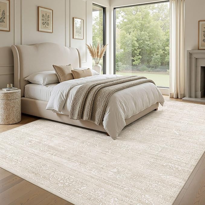 8x10 Area Rug Living Room: Washable Large Vintage Grey Rug Neutral Non-Slip Soft Stain Resistant Indoor Carpet for Bedroom Nursery Dining Room Under Table Bed Home House Office Playroom - Beige White