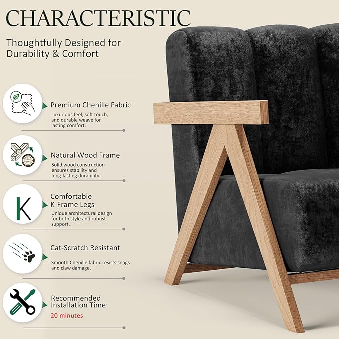 Modern Accent Chair for Living Room Bedroom,Comfy Chenille Reading Chair with Wood Frame,Oversized Upholstered Lounge Armchair with Thick High-Elastic Sponge for Apartment & Waiting Room (Black,1)