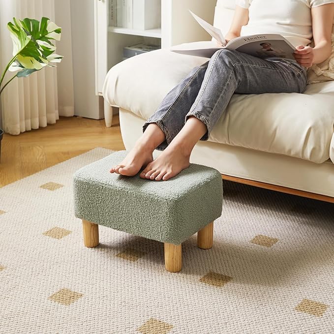 YMYNY Ottoman, Modern Footrest with Soft Padded Seat, Foot Stool with Wood Legs, Small Square Pouf Under Desk for Living Room Bedroom Office 15.74" D×11.41" W×9.84" H Green UHBD030GR