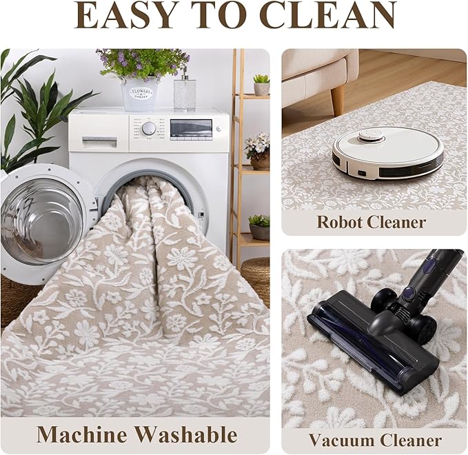 Vaukki 8x10 Area Rug for Living Room, Soft Fluffy Washable Modern Floral Indoor Floor Mat, Non Slip Shaggy Boho Accent Throw Carpet for Bedroom, Living Room, Nursery and Dining Room, Beige and White