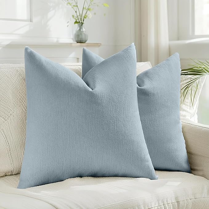 HAUSSY Denim Blue Throw Pillow Covers 26x26 Inch Set of 2,Boho Decorative Faux Linen Throw Pillows Cozy Farmhouse Accent Cushion Covers,Home Decor for Couch Sofa Bed Living Room