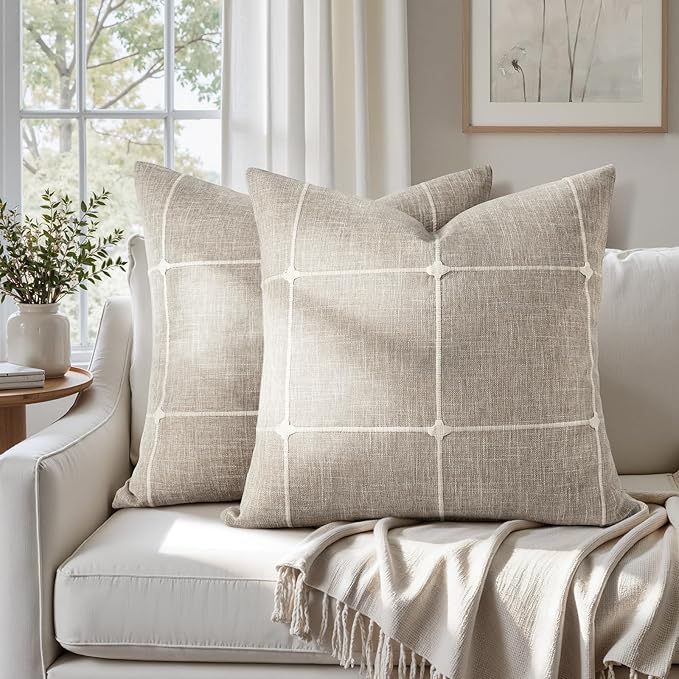 HOMEIDEAS Decorative Plaid Throw Pillow Covers 20x20 Set of 2, Tan Farmhouse Pillow Covers, Neutral Faux Linen Cushion Covers for Couch Sofa Bed Home Decor
