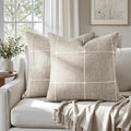 HOMEIDEAS Decorative Plaid Throw Pillow Covers 18x18 Set of 2, Tan Farmhouse Pillow Covers, Neutral Faux Linen Cushion Covers for Couch Sofa Bed Home Decor