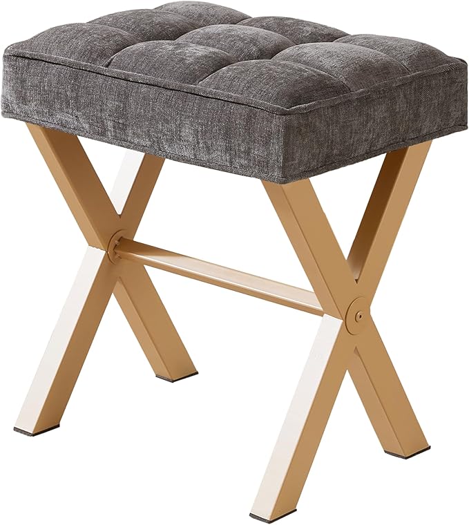 Royal Windsor Vanity Stool,Square Ottoman Stool Foot Rest,Upholstered Vanity Chair Foot Stool with Metal X Legs, Small Vanity seat for Entryway,Bedroom and Living Room,Dark Grey+Yellow