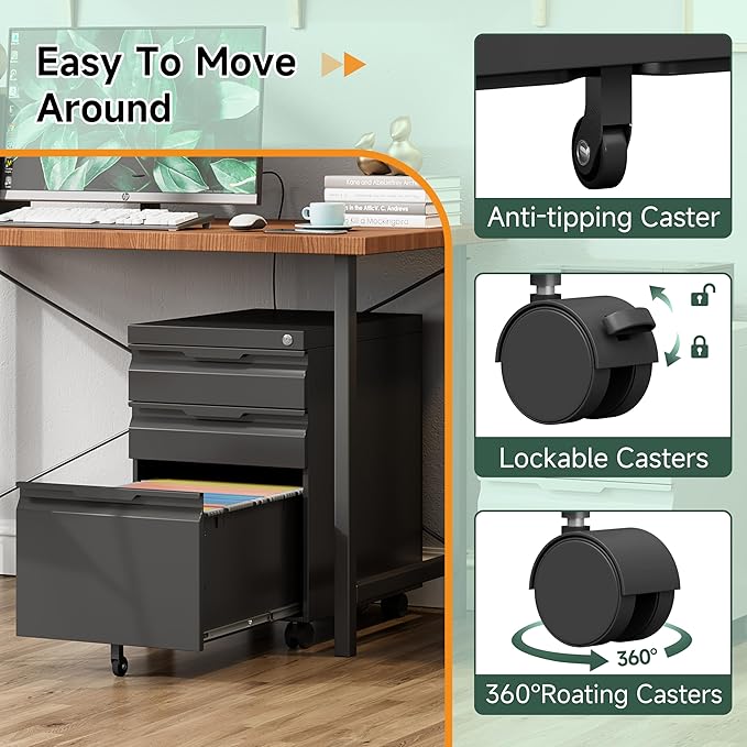 3 Drawer Metal Rolling File Cabinet with Lock, Under Desk Mobile Filing Cabinet for Home Office, Steel Storage Cabinet with Wheels for A4/Letter/Legal Documents, Easy Assembly, Black