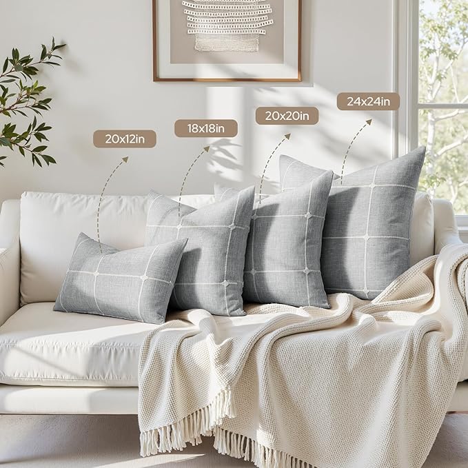 HOMEIDEAS Decorative Plaid Throw Pillow Covers 20x12 Set of 2, Grey Farmhouse Pillow Covers, Neutral Faux Linen Cushion Covers for Couch Sofa Bed Home Decor