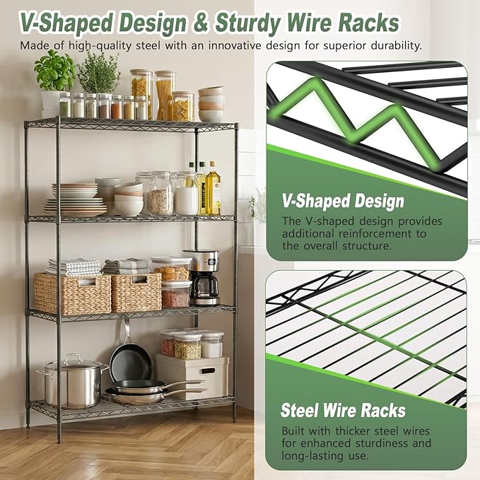 BestOffice 4-Tier Wire Shelving Unit, 800 LBS Heavy Duty Metal Storage Shelves, Adjustable Wire Shelf for Garage, Kitchen, Pantry, Utility Shelving Rack with Leveling Feet, Black