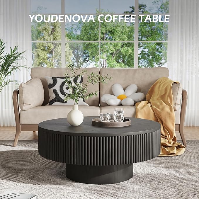 YOUDENOVA 35” Round Fluted Coffee Table, Modern Wood Circle Coffee Table, Veneer Handcrafted Relief Tea Table with Sturdy Pedestal for Living Room - Black