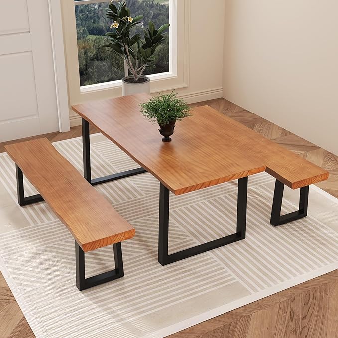 Solid Wood Top Bench with Metal Legs Durable Long Bench for Home Office Living Room Dining Room Versatile Multi Size Options Perfect Chair Stool Dining Bench Dining Chair (Light brown bench, 55.12in)