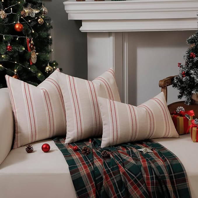 Hckot Christmas Throw Pillow Covers 22x22 Set of 2 Red Pillow Covers Textured Striped Decorative Pillows Xmas Decorations Winter Holiday Decor for Sofa Living Room Farmhouse Decor(Red)