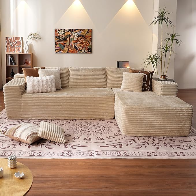 ovios 104" Cloud Boneless Couch with L-Shape Chaise,Modern Sectional Modular Sofa with Deep Seat, Upholstered Couches for Living Room Bedroom,No Assembly Required, Beige (Plush Corduroy Fabric)