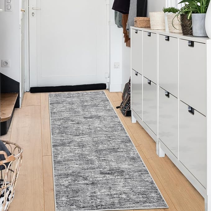 RUGSREAL 2x6 Runner Rug Washable Kitchen Runner Rug Modern Abstract Runner Mat for Hallway Contemporary Solid Rug Non-Slip Foldable Aesthetic Accent Floor Carpet for Living Room Bedroom, Ivory/Grey