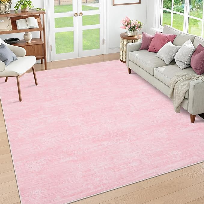 RUGSREAL 8x10 Washable Rug for Living Room Non-Slip Modern Abstract Area Rug Stain Resistant Large Bedroom Rug Contemporary Accent Throw Floor Carpet Solid Rug for Dining Room Home Decor, Pink