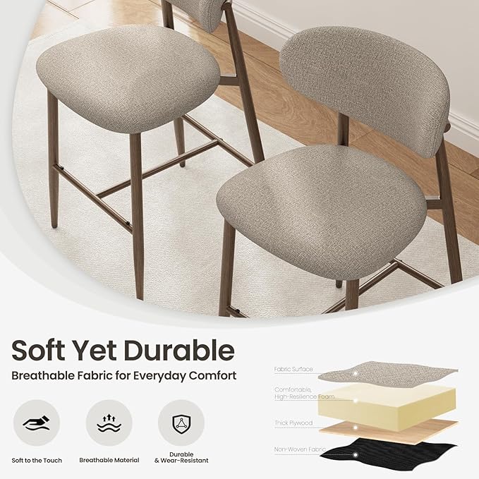 MALOL Bar Stools Set of 6, Counter Height bar stools, Kitchen Bar Stools with Backs, Modern Upholstered, Modern Bar Stools with Metal Legs for Kitchen Island, Counter, Camel