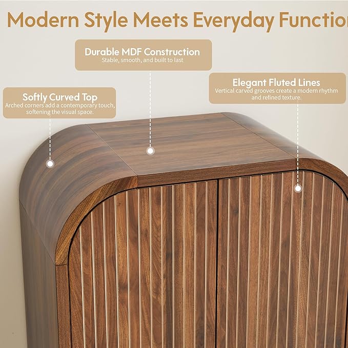 LEVNARY Arched Armoire Wardrobe Closet, Mid-Century Modern 2-Door Freestanding Wardrobe with Hanging Rod and 2 Drawers, Fluted Carved Clothing Storage Cabinet for Bedroom (Walnut)