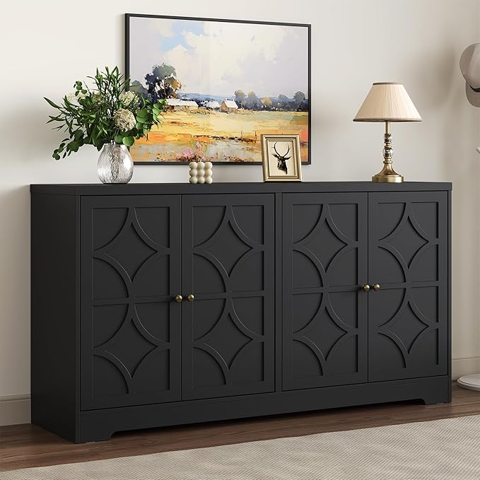 RoyalCraft 56'' Modern Kitchen Buffet Table with 4 Doors and Adjustable Shelves, Sideboard Buffet Cabinet with Storage, Wood Credenza Accent Coffee Bar Cabinet for Entryway, Living Room, Satin Black