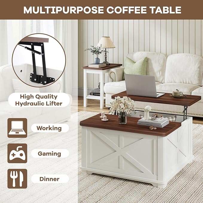 Square Coffee Table with Storage, Farmhouse Coffee Table with Lift Top, Wooden Coffee Tables with Brown Flip-Top Lids, Modern Center Table for Living Room Home Office, 31.5", White