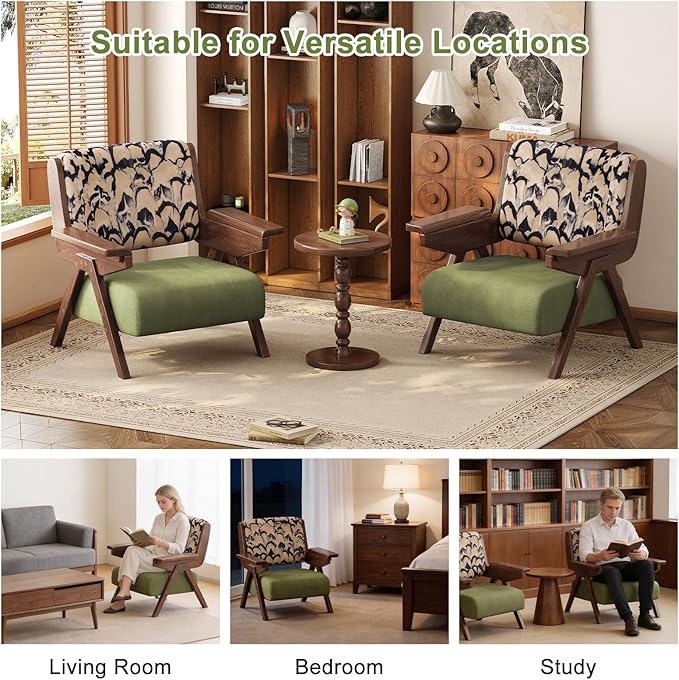 Accent Chair Mid Century Modern Chair, Velvet Upholstered Lounge Arm Chair with Solid Wood, Cozy Reading Chair for Living Room, Bedroom, Balcony (Feather Print, Set of 2)