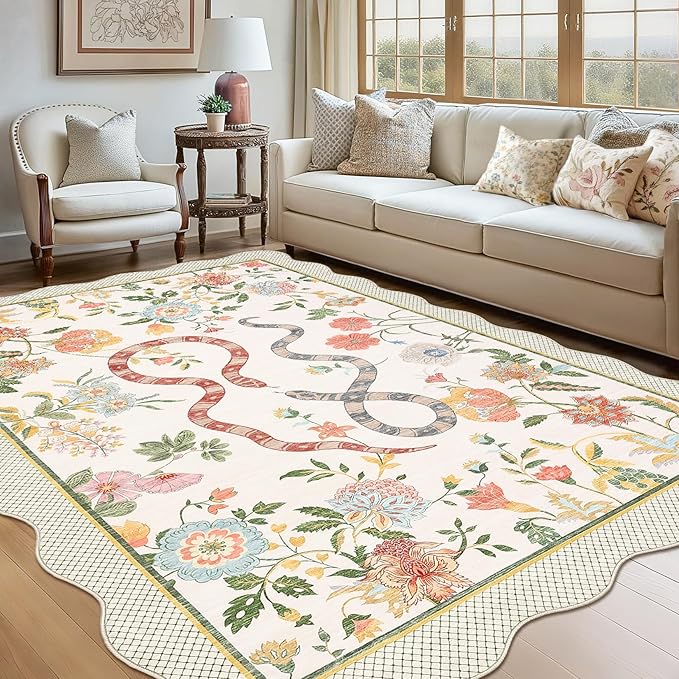 Garvee Snake Washable Area Rugs 5x7 Boho Scalloped Living Room Rugs, Botanical Floral Bedroom Rug, Stain-Resistant Low Pile Floor Carpet for Dining Room Dorm Nursery Playroom Farmhouse Office,Beige