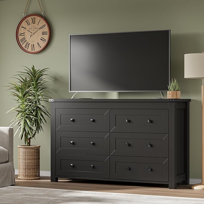 BORNOON 6-Drawer Dresser, Modern Wooden Storage Chest of Drawers, Dresser TV Stand, Wood Drawer Organizer with Metal Handles for Bedroom, Living Room, Hallway