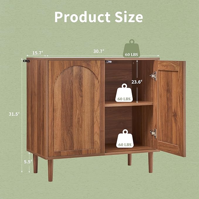 Bifins 63” Fluted Sideboard Buffet Cabinet with Storage,Mid Century Modern Small Wood Storage Cabinet with Arched Profile for Dining Room Kitchen Living Room
