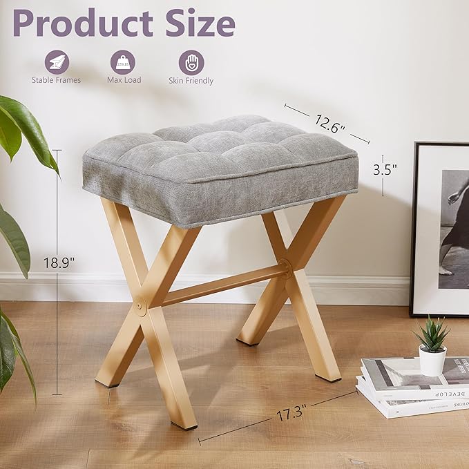 Royal Windsor Vanity Stool,Square Ottoman Stool Foot Rest,Upholstered Vanity Chair Foot Stool with Metal X Legs, Small Vanity seat for Entryway,Bedroom and Living Room,Light Grey+Yellow