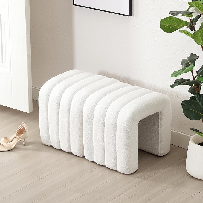 White Teddy Fleece Tufted Ottoman Stool Set of 2, Small Arch Footrest for Couch, Modern Vanity Stool for Makeup Room, Living Room, Entryway, 15.4 x 19.3 x 17.9 Inches, 260lb Capacity