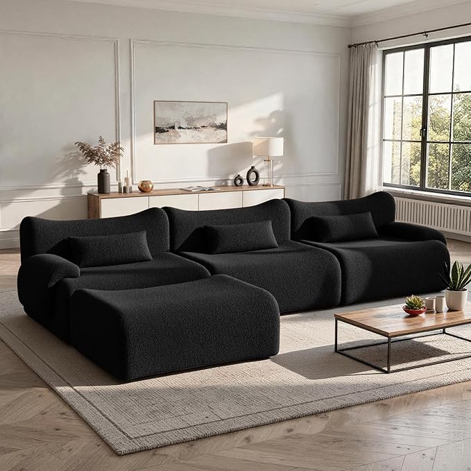 Cloud Couch Sectional, L Shaped Boneless Couches for Living Room - Oversized Modular Sofa with Deep Seats, Modern Couches with Movable Ottoman,Black
