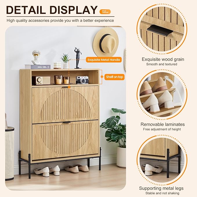 FurSch Fluted Shoe Cabinet with 2 Flip Drawers, Slim Freestanding Hidden Shoe Cabinet Organizer, Narrow Shoes Storage Rack for Entryway (All Natural-2 Drawers, 9.45" D x 31.5" W x 41.93" H)