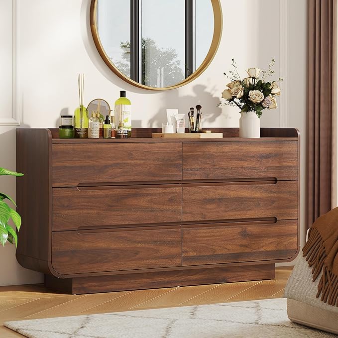 Curved 6 Drawer Dresser for Bedroom, Modern 53-Inch Chest of Drawers, Wood Storage Dresser Organizers with Hidden Handles, 6 Drawer Dressers for Bedroom, Nursery, Living Room, Walnut