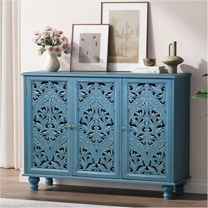 JOINICE Accent Cabinet with 3 Carved Doors, Distressed Blue Sideboard Buffet with Storage & Solid Wood Legs, 43" Vintage Console Table for Living Room, Entryway, Coffee Bar, Hallway