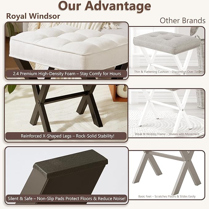 Royal Windsor Vanity Stool,Square Ottoman Stool Foot Rest,Upholstered Vanity Chair Foot Stool with Metal X Legs, Small Vanity seat for Entryway,Bedroom and Living Room,Linen White