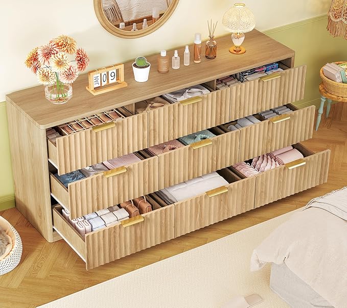 TEENFON 63" Dresser for Bedroom with 9 Drawers, Modern Dressers & Chest of Drawers with Metal Handles, Fluted Dresser, Wood Closet Clothes Storage Organizer for Living Room, Hallway, Natural