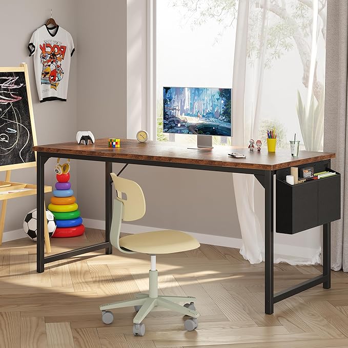OLIXIS Computer Desk 63 Inch Home Office Desks for Small Spaces, Gaming Writing Study Work Table with Storage Bag and Headphone Hook for Bedroom, Rustic Brown