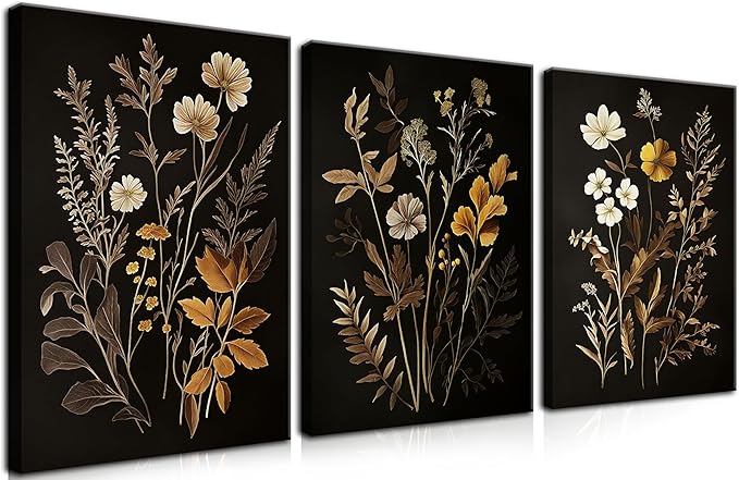 Vintage Black Flower Wall Art Decor Set of 3, Beautiful Wildflower Botanical Canvas Prints, Dark Academia Fall Floral Poster Painting Picture for Bedroom Living Room 12x16 Inch Framed