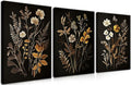 Vintage Black Flower Wall Art Decor Set of 3, Beautiful Wildflower Botanical Canvas Prints, Dark Academia Fall Floral Poster Painting Picture for Bedroom Living Room 12x16 Inch Framed