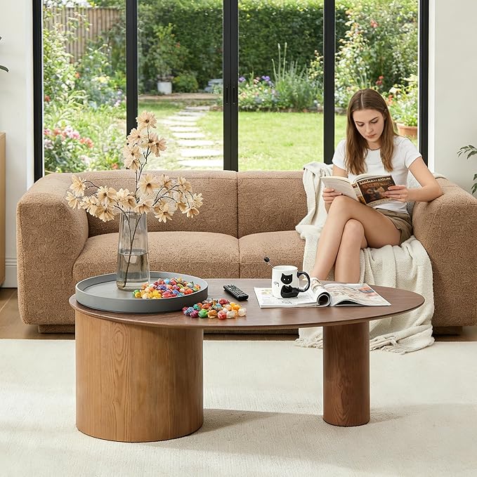 47.24” Oval Coffee Table, Modern Center Table with Storage & Removable Tray, Dinning Table, MDF Side Table for Living Room, Apartment, Small Space, Office.(Walnut)