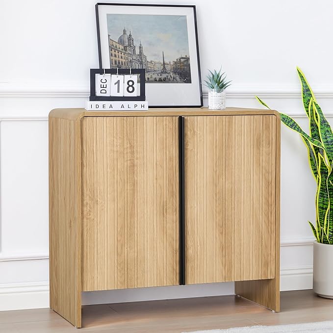Bifins 31.5” Fluted Sideboard Buffet Cabinet with Storage,Mid Century Modern Small Wood Storage Cabinet with Arched Profile for Dining Room Kitchen Living Room (Oak 1pc)