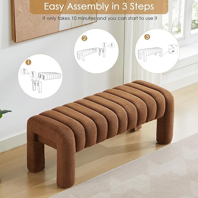 43" Upholstered Boucle Bench Bedroom, Padded Ottoman Bench, Sherpa Window Seat for Living Room Entryway End of Bed, Rust Brown