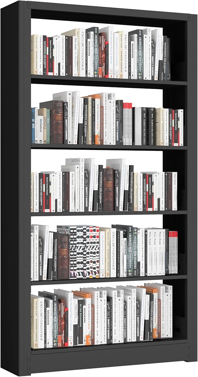 Large Metal Bookcase, 69” Modular Bookshelf with Storage, 5 Tier Bookcase with Adjustable Shelves, Extra Tall Book Shelves, Modern Book Case for Library, Office, Entryway, Living Room（Black）
