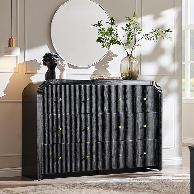 T4TREAM Fluted 6 Drawers Dresser for Bedroom, 54" Wide Modern Chest of Drawers with Thickened Curved Profile Design, Wood Dressers TV Stand for Bedroom, Living Room, Hallway, Black Oak