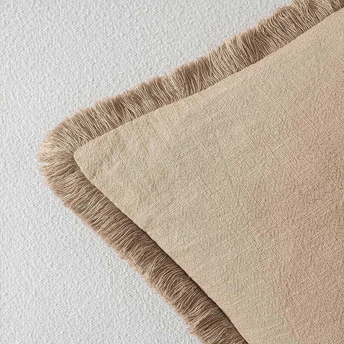 MIULEE Decorative Throw Pillow Covers Neutral Linen Fringe Throw Pillows Euro Shams Set of 2 Camel Boho Farmhouse Cushion Covers for Couch Sofa Bed Living Room Spring Home Decor 22x22 Inch