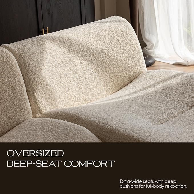 Boneless 3 Seater Sofa with Chaise, 92" Modular Sectional Couch, Reversible L-Shaped Couches with Deep Seat, White Curved Sherpa Sofas for Small Living Room, Bedroom, Apartment– No Assembly