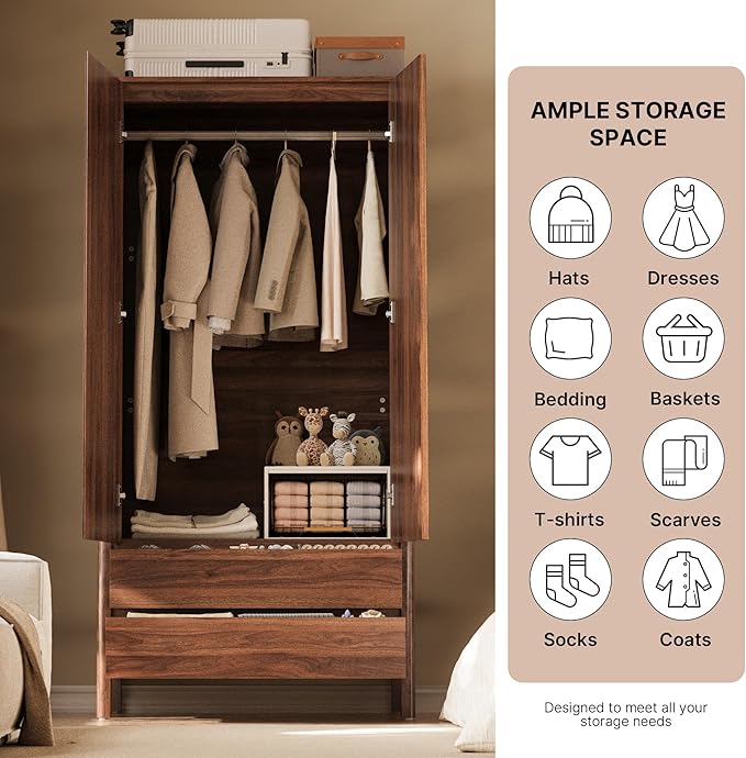 MAISONARIA Wardrobe with 2 Doors and 2 Drawers, 70.9”H Modern Walnut Bedroom Armoire Closet with Hidden Handles, Freestanding Wooden Storage Cabinet for Clothes and Essentials