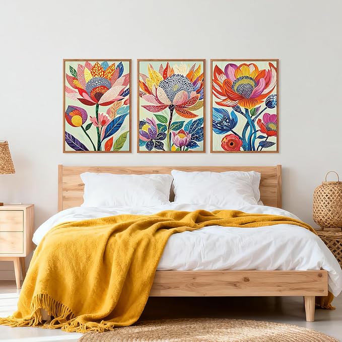 HPINUB Abstract Botanical Floral Framed Canvas Wall Art Set,(Set of 3,12X16 Inch) Colorful Dot Art Modern Flower Wall Decor,Vibrant Blooming Flowers Artwork Boho Art Print for Living Room,Bedroom
