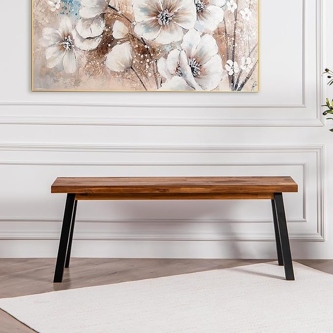 VICTORY RELAX Solid Wood Bench - Minimalist Design, Acacia Wood Construction, Natural top-Black Leg Color, Versatile for Entryway,Living Room,Bedroom & Outdoors,Easy Assembly & Weather-Resistant
