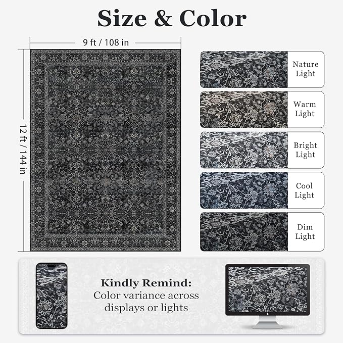 Vintage Dark Large Area Rugs 9x12 for Living Room, Earth Tone Big Room Carpet Rug for Bedroom Dining Room, Washable Carpet Rug with Rubber Backing Low Pile Thin Soft for Family Room, Midnight