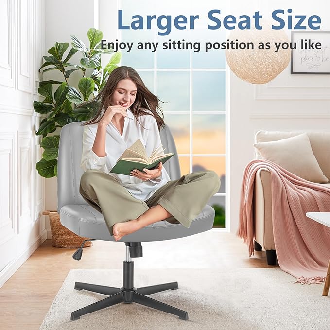 DUMOS Desk Chair No Wheels, Criss Cross Chair Wide Cross Legged Office Desk Vanity Chair, PU Leather Armless Adjustable Swivel Chairs for Home Computer Task,Grey-pu