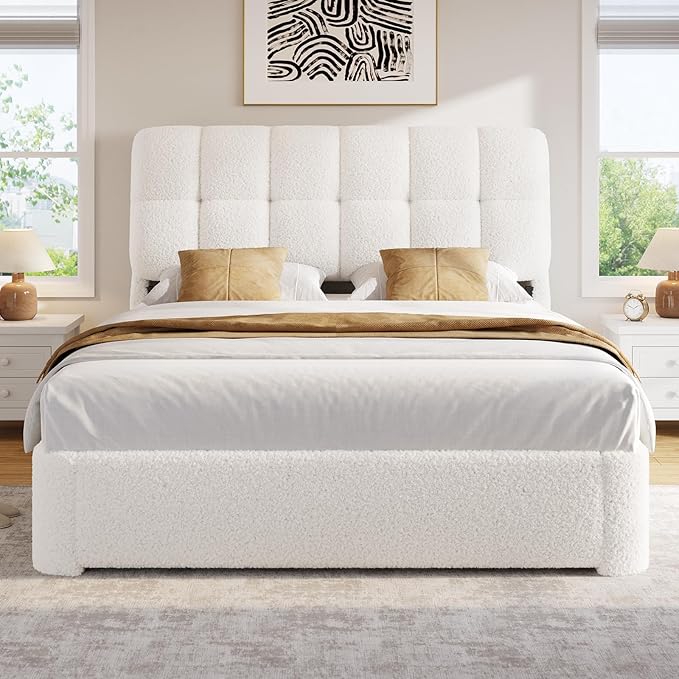 DICTAC Boucle Full Size Bed Frame with Headboard, Modern Upholstered Platform Bed Frame Full with Rounded Corners, Soft Cloud beds, Wood Slats Support, No Box Spring Needed, Easy Assembly, Cream